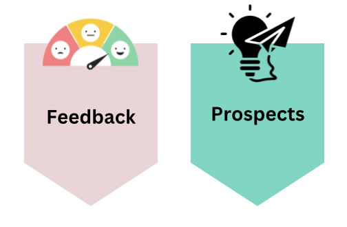 Three-faced meter collecting feedback and a lightbulb with a paper airplane emerging from it, symbolizing the concept of 'Developing Prospects'